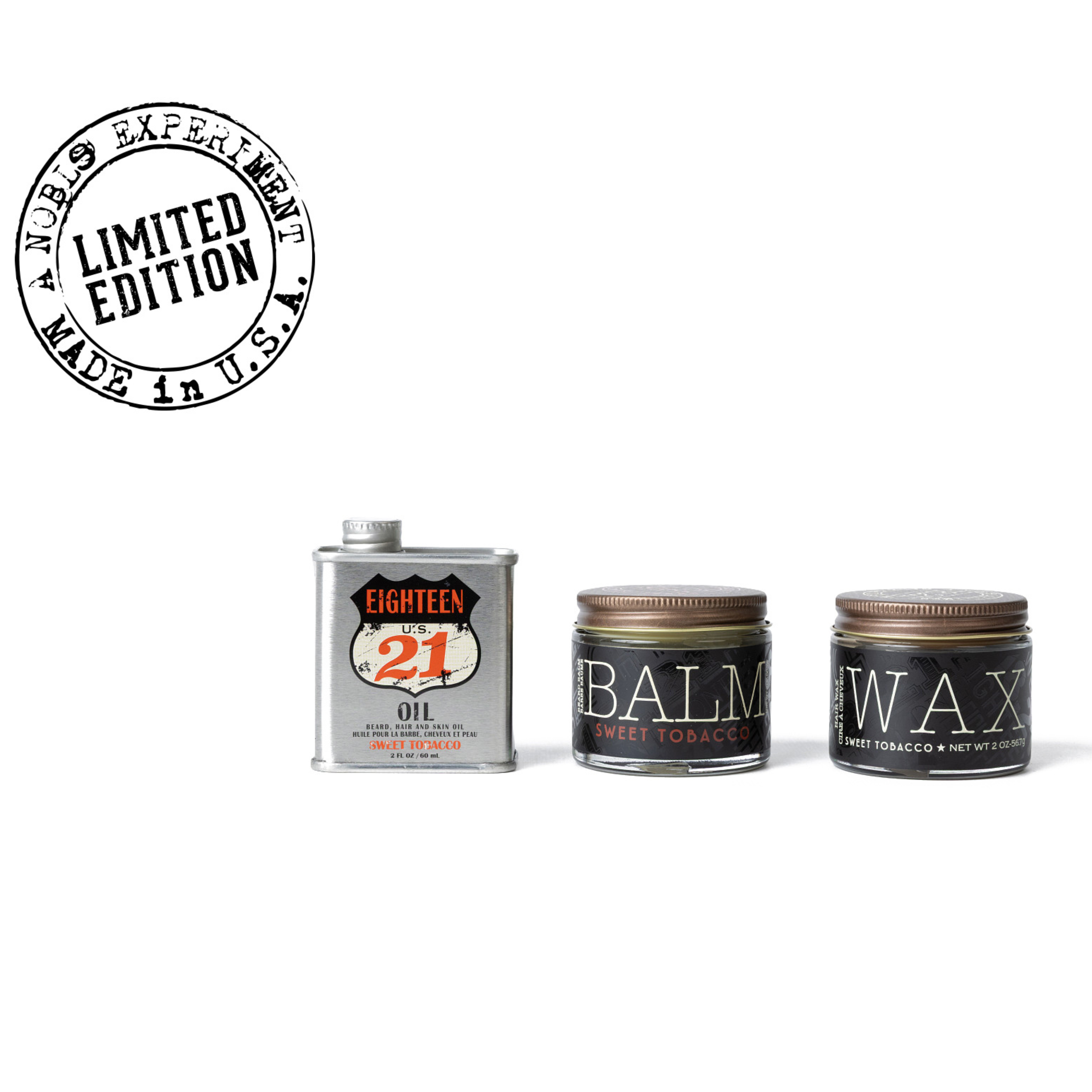 Three grooming products with labels 'Oil', 'Balm', and 'Wax' on a white background, featuring a 'Limited Edition Made in U.S.