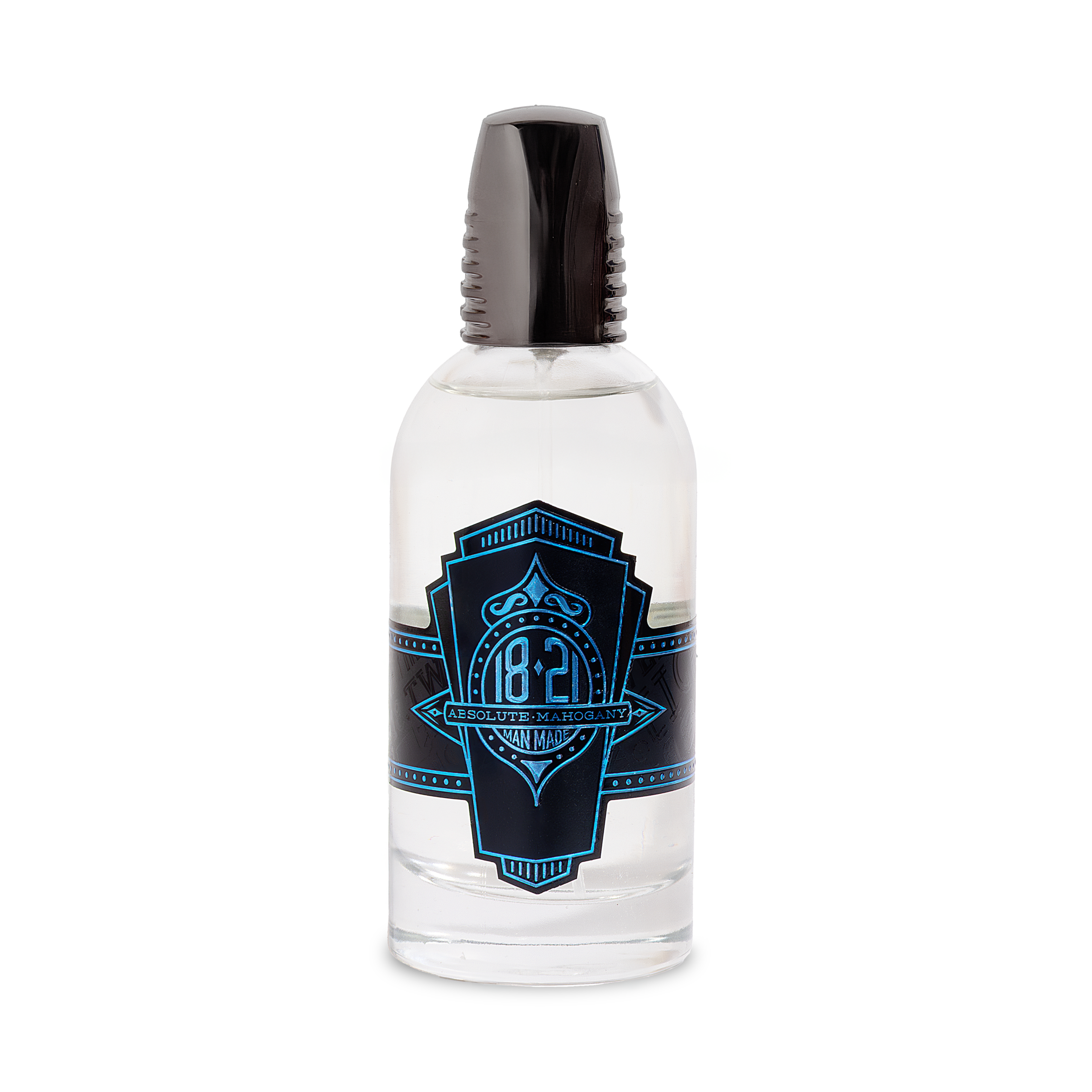 Absolute Mahogany Cologne Spirits in 100 ML bottle with black cap and blue label 