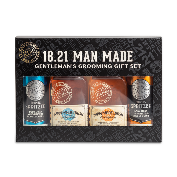 18.21 Man Made Travel Grooming Giftset in Absolute Mahogany and Noble Oud scent.  Giftset include two travel man made washes, and two spirits spritzers body sprays