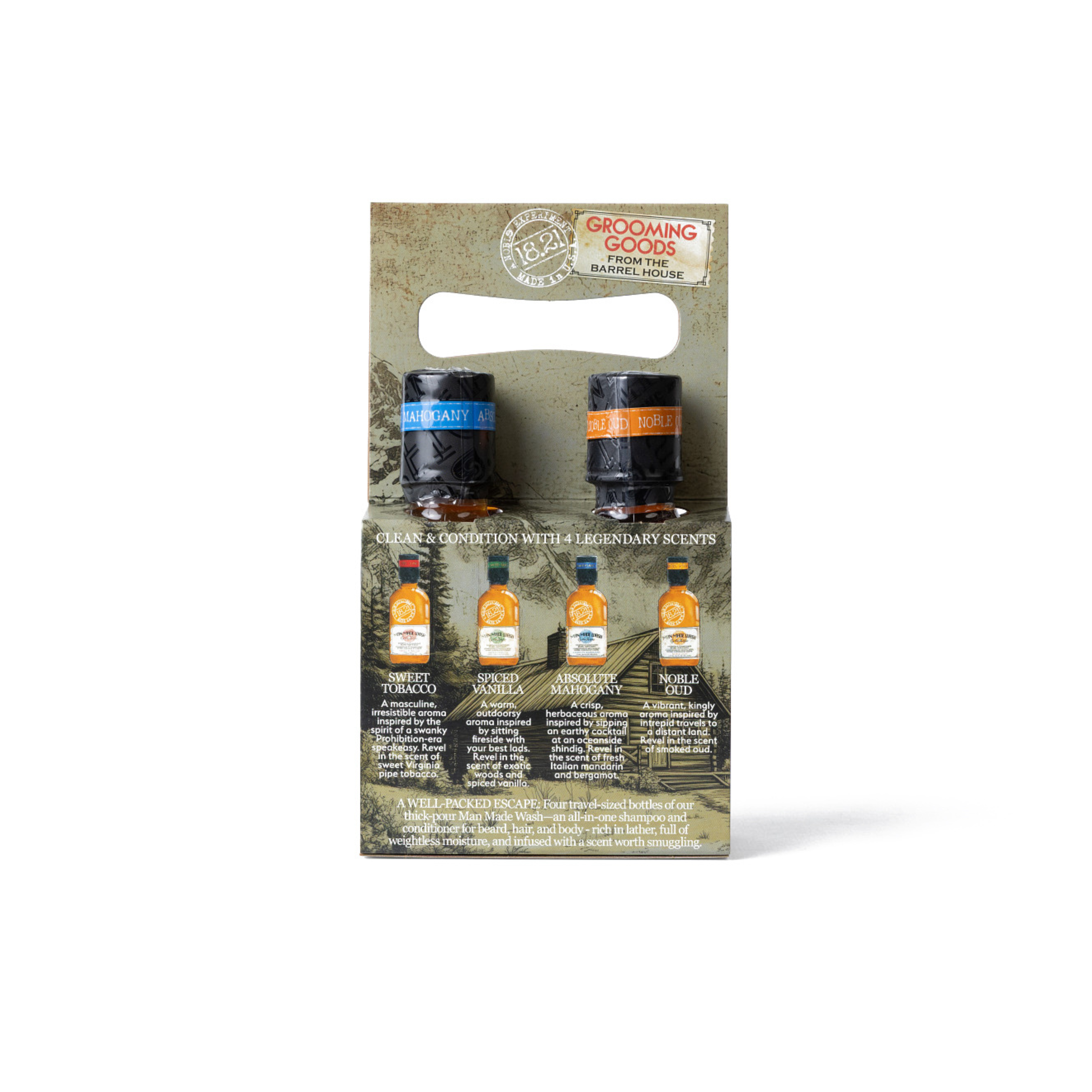 back of packaging for 4 pack 3.4 oz man made travel size wash