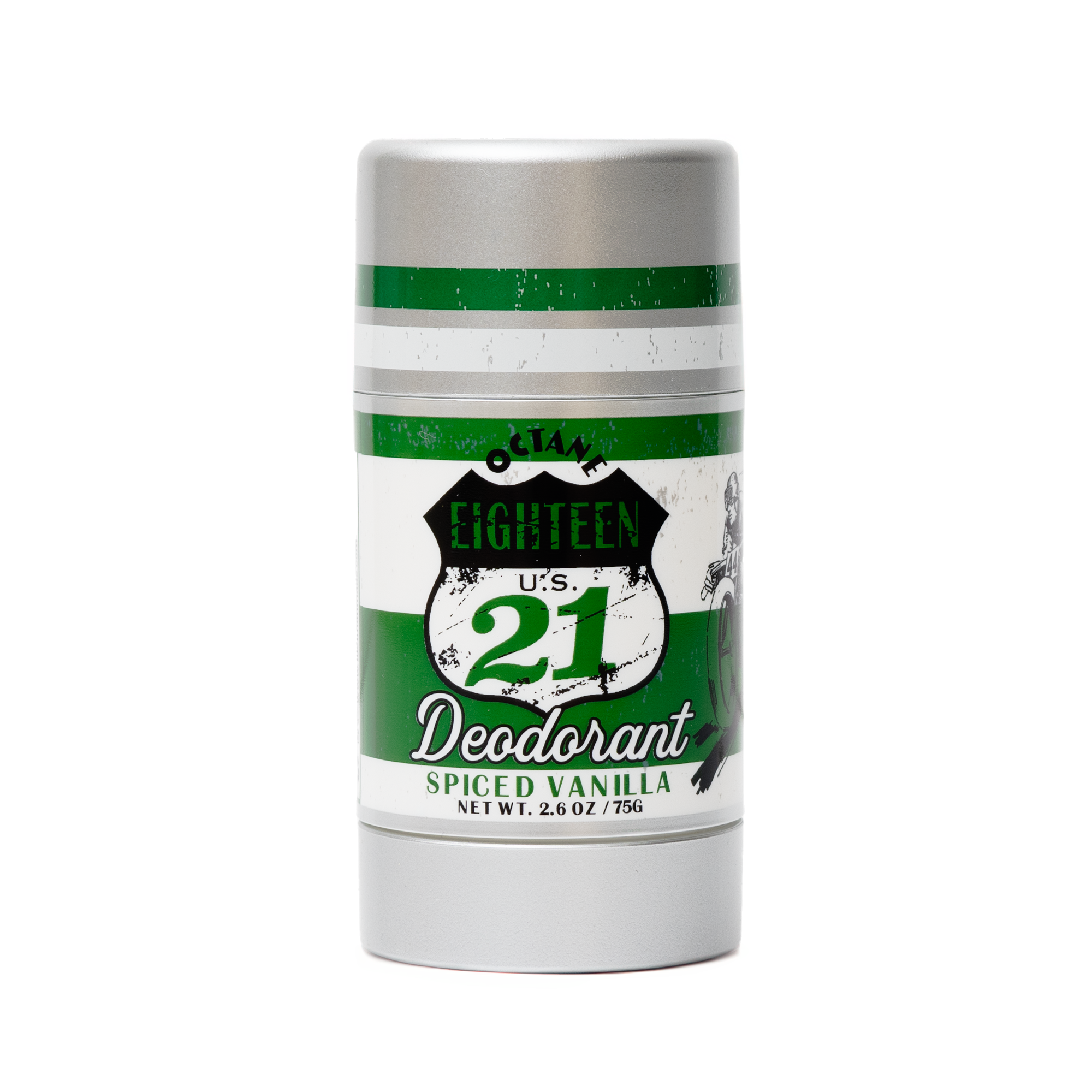 Spiced Vanilla Deodorant stick with green and white label on a white background