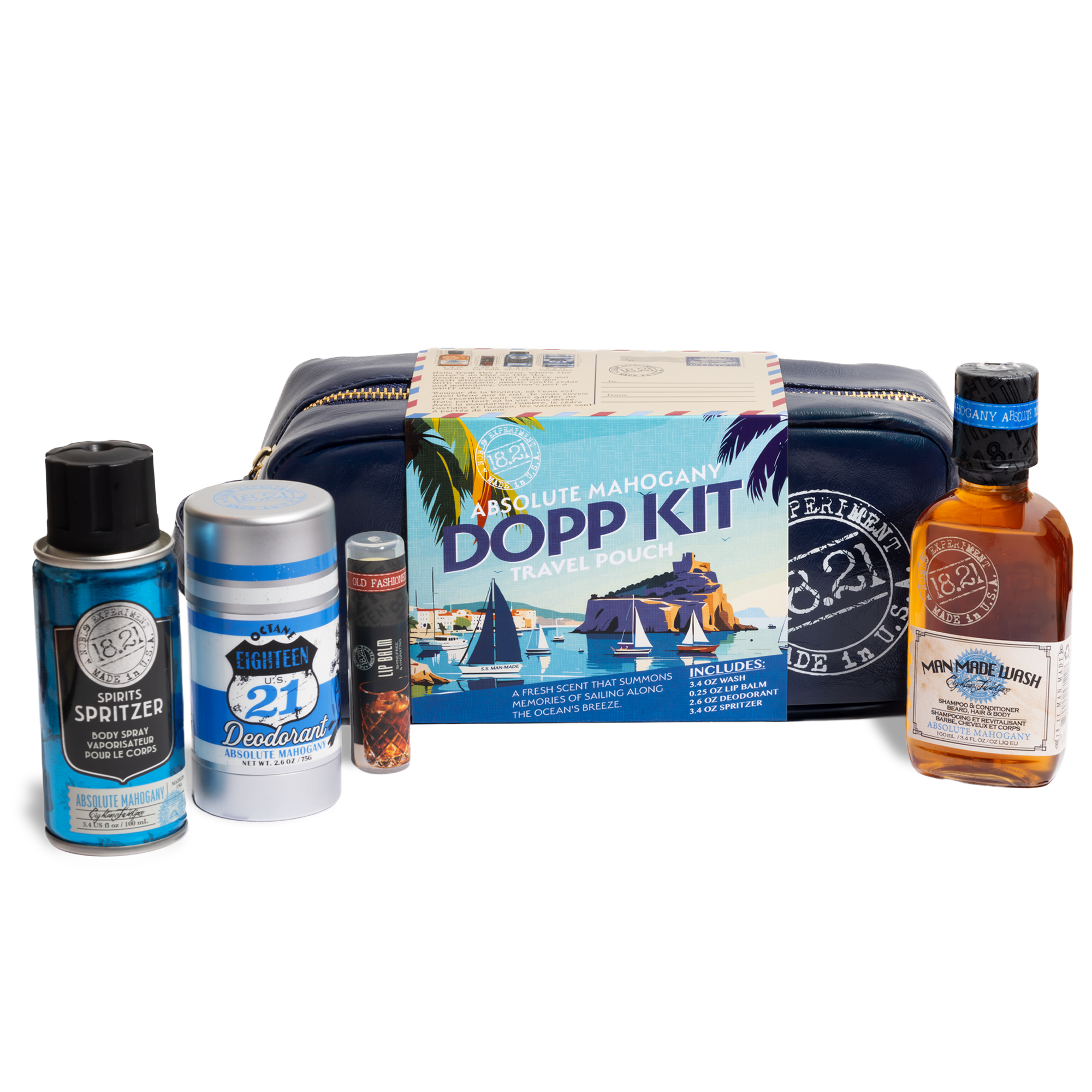 Collection of men's grooming products including a DOPP kit, deodorant, lip balm, travel size wash and cologne on a white background.