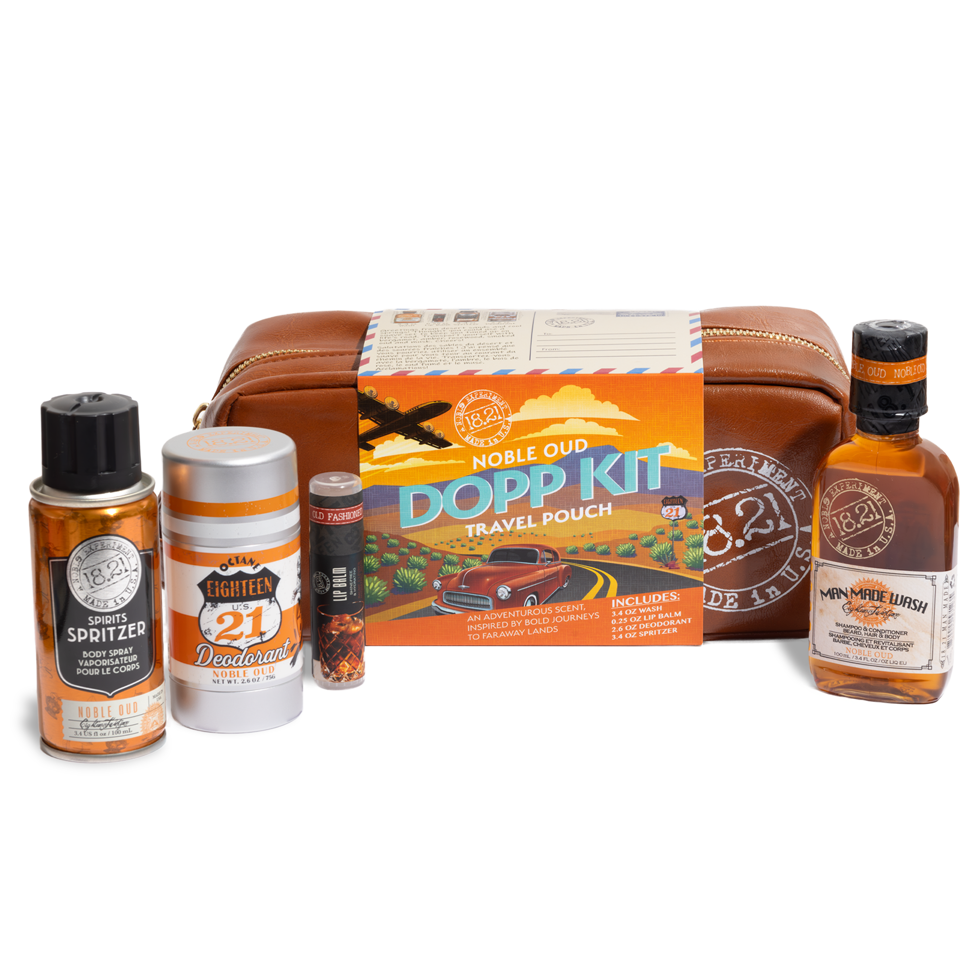 Dopp kit with bottles and containers on a white background