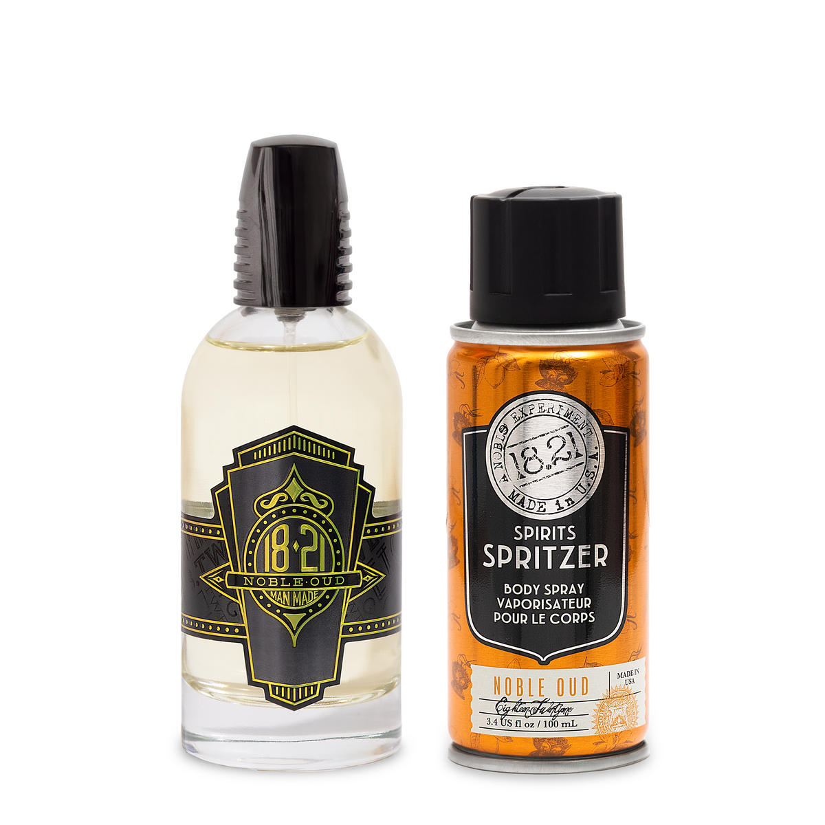 Two bottles of cologne with labels on a white background