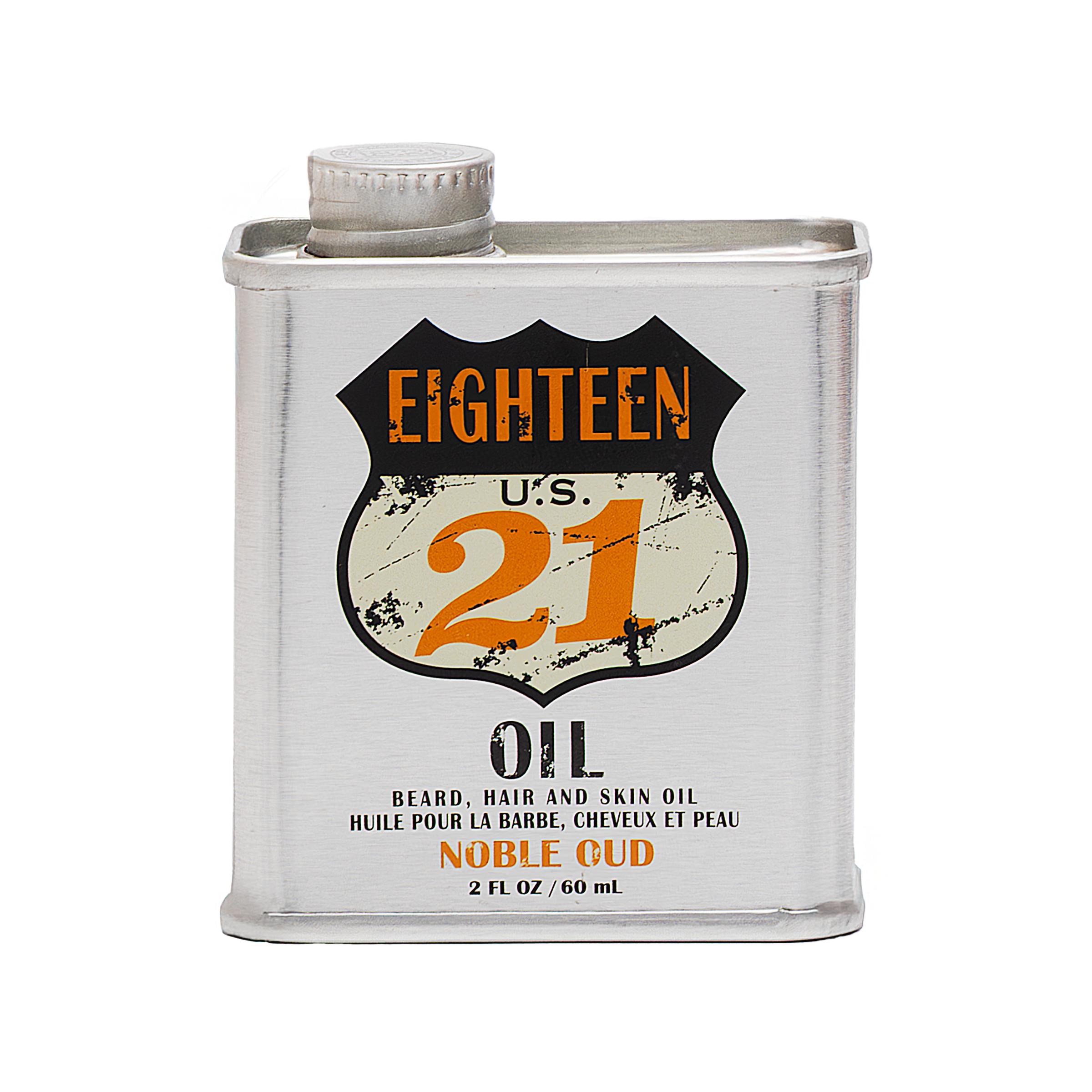 picture of beard, hair and skin oil in tin can in noble oud scent on white background