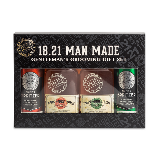 18.21 Man Made Travel Grooming Giftset in Sweet Tobacco & Spiced Vanilla scent. Giftset include two travel man made washes, and two spirits spritzers body sprays