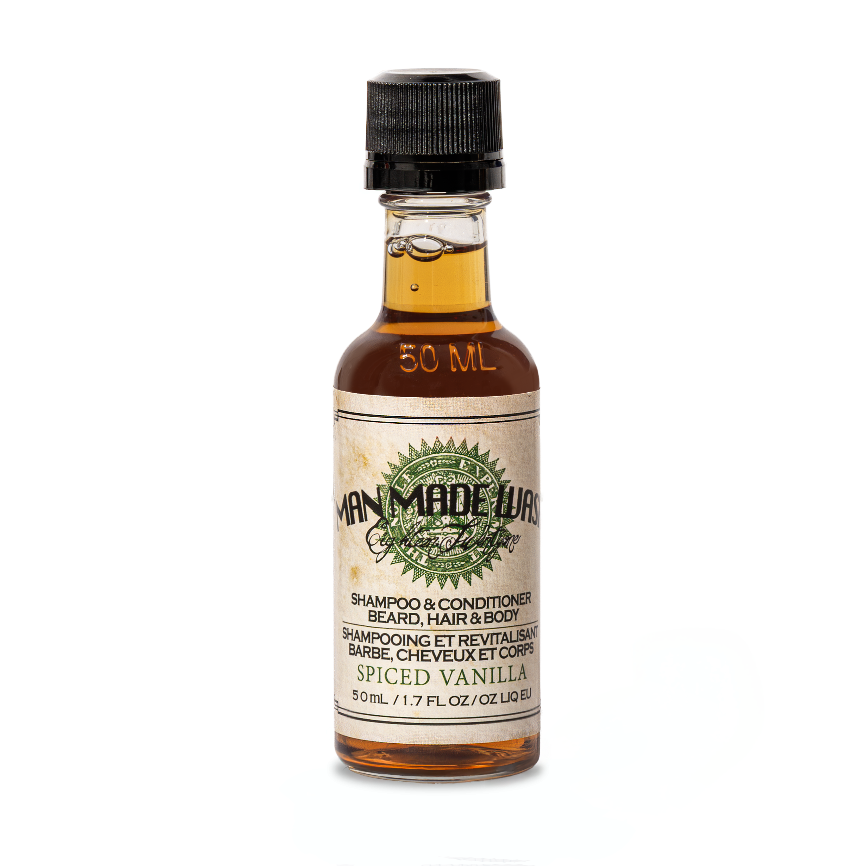 Bottle of Man Made Wash Shampoo & Conditioner with spiced vanilla scent on a white background
