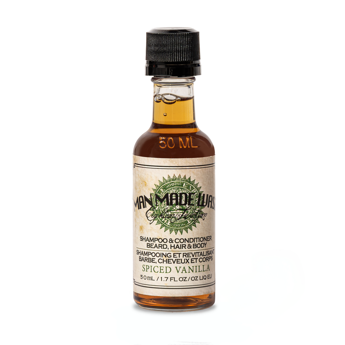Bottle of Man Made Wash Shampoo & Conditioner with spiced vanilla scent on a white background