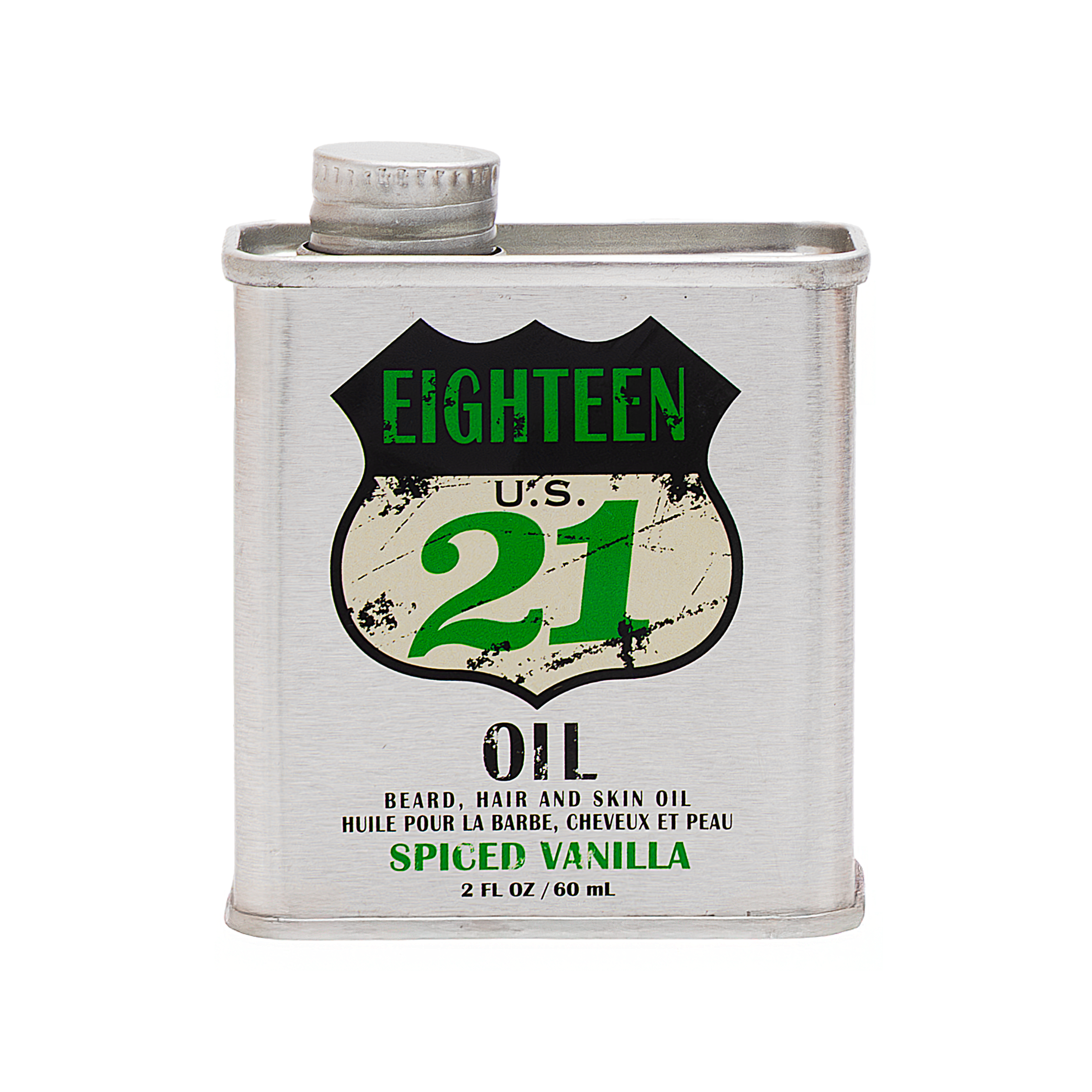 image of beard, hair and skin oil in spiced vanilla scent in a metallic tin can