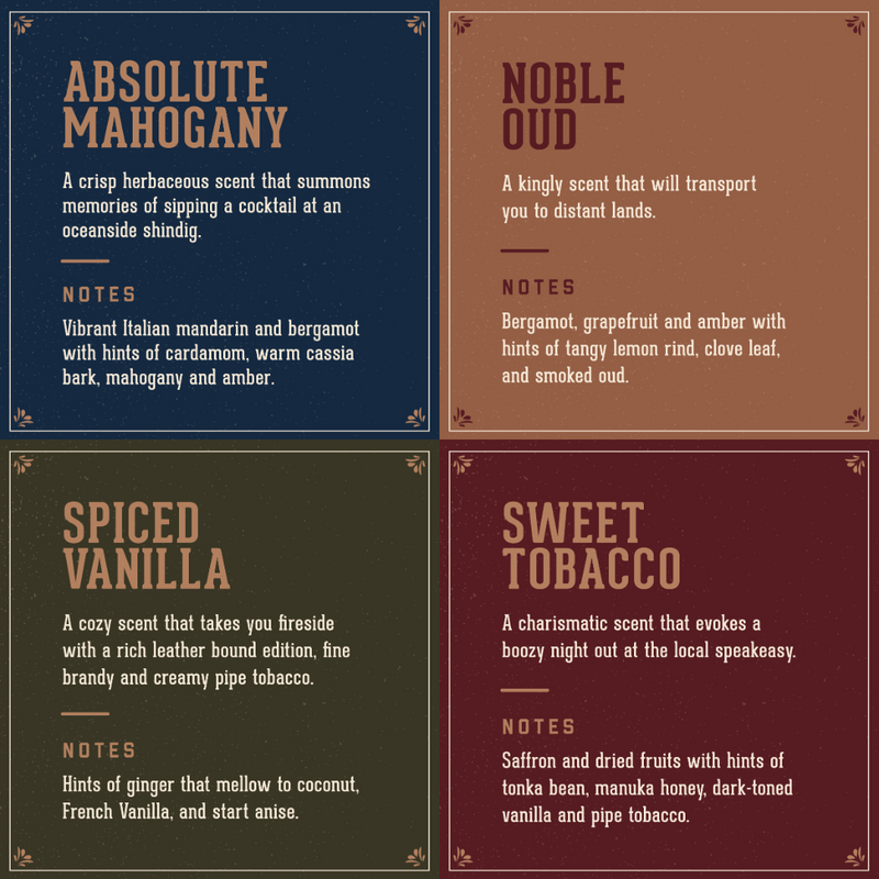 Four descriptions for different scents on a dark background