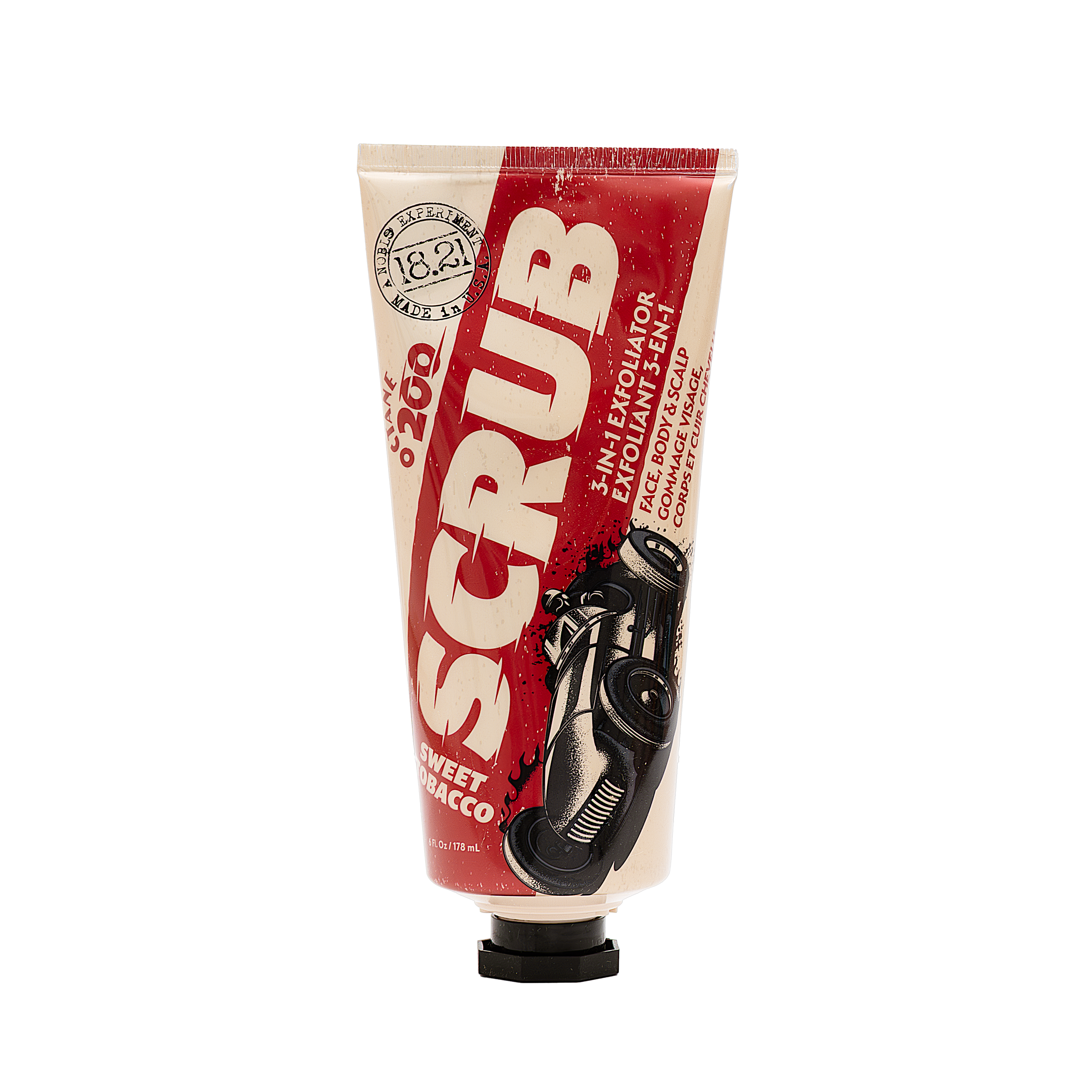 Tube of 3-in-1 scrub with red and beige packaging on a white background