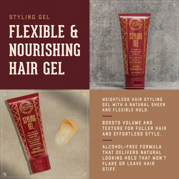 Styling Gel Flexible & Nourishing Hair Gel.     Weighless Hair Styling Gel with a natural sheen and flexible hold.  Boosts volume and texture for fuller hair and effortless style. Alcohol-free formula that delivers natural looking hold that won't flake or leave hair stiff.