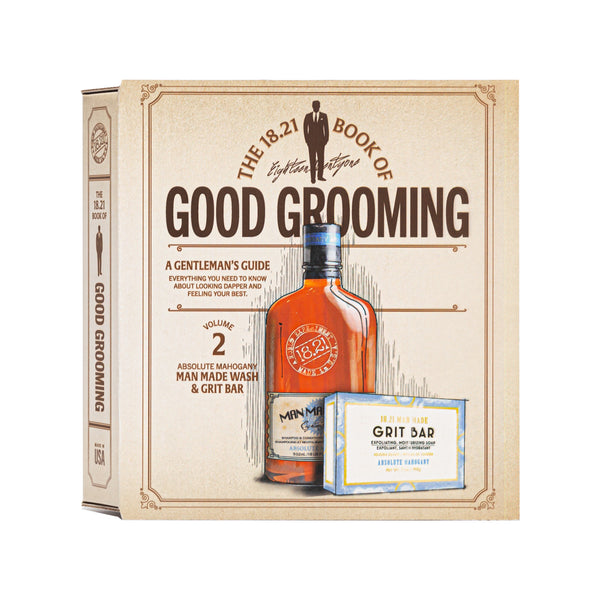 18.21 Man Made Book of Good Grooming Volume 2:  Man Made Wash 18oz and Grit Bar Soap in Absolute Mahogany scent.