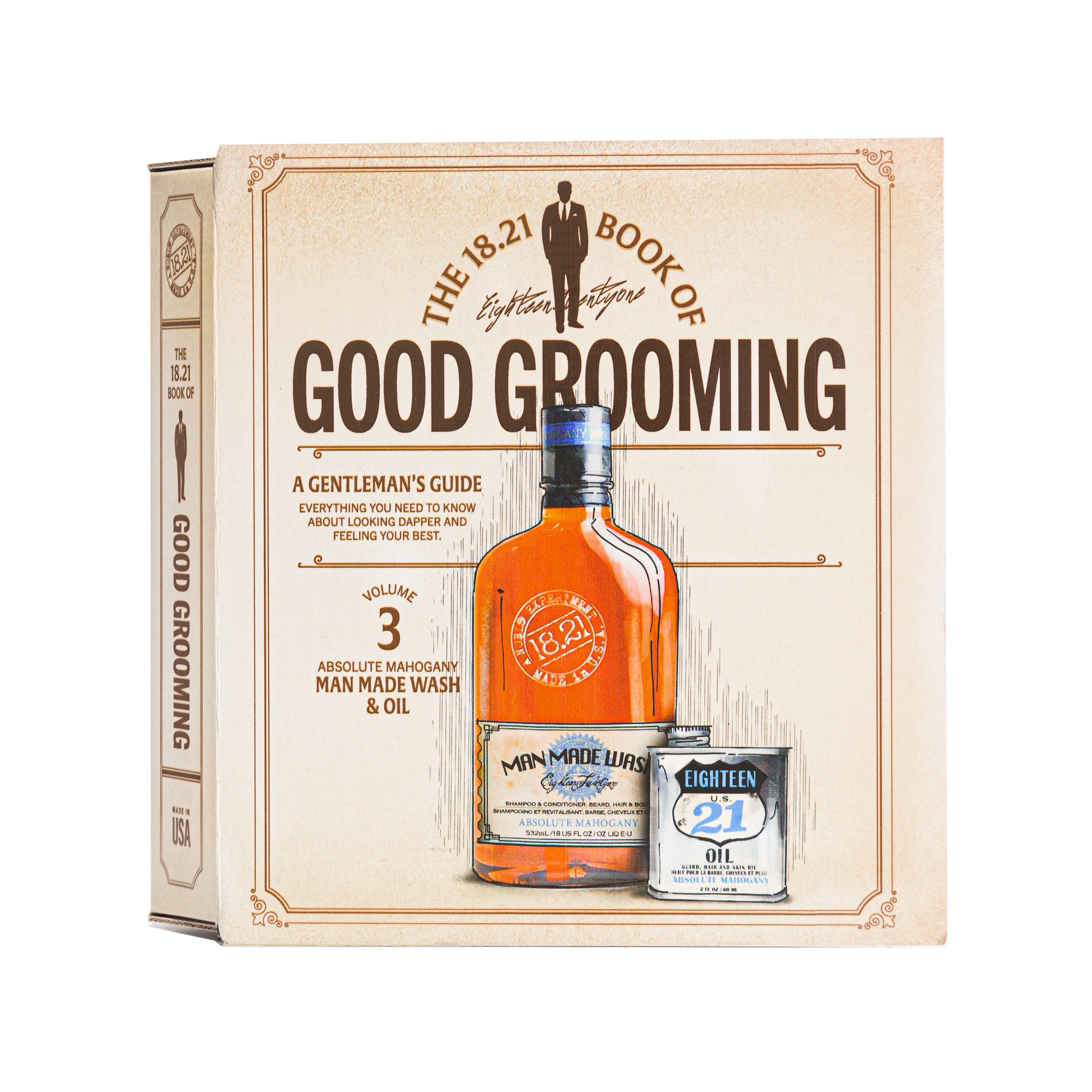 18.21 Man Made Book of Good Grooming Volume 3: Man Made Wash 18oz //  Beard, Hair Skin Oil in Absolute Mahogany Scent.