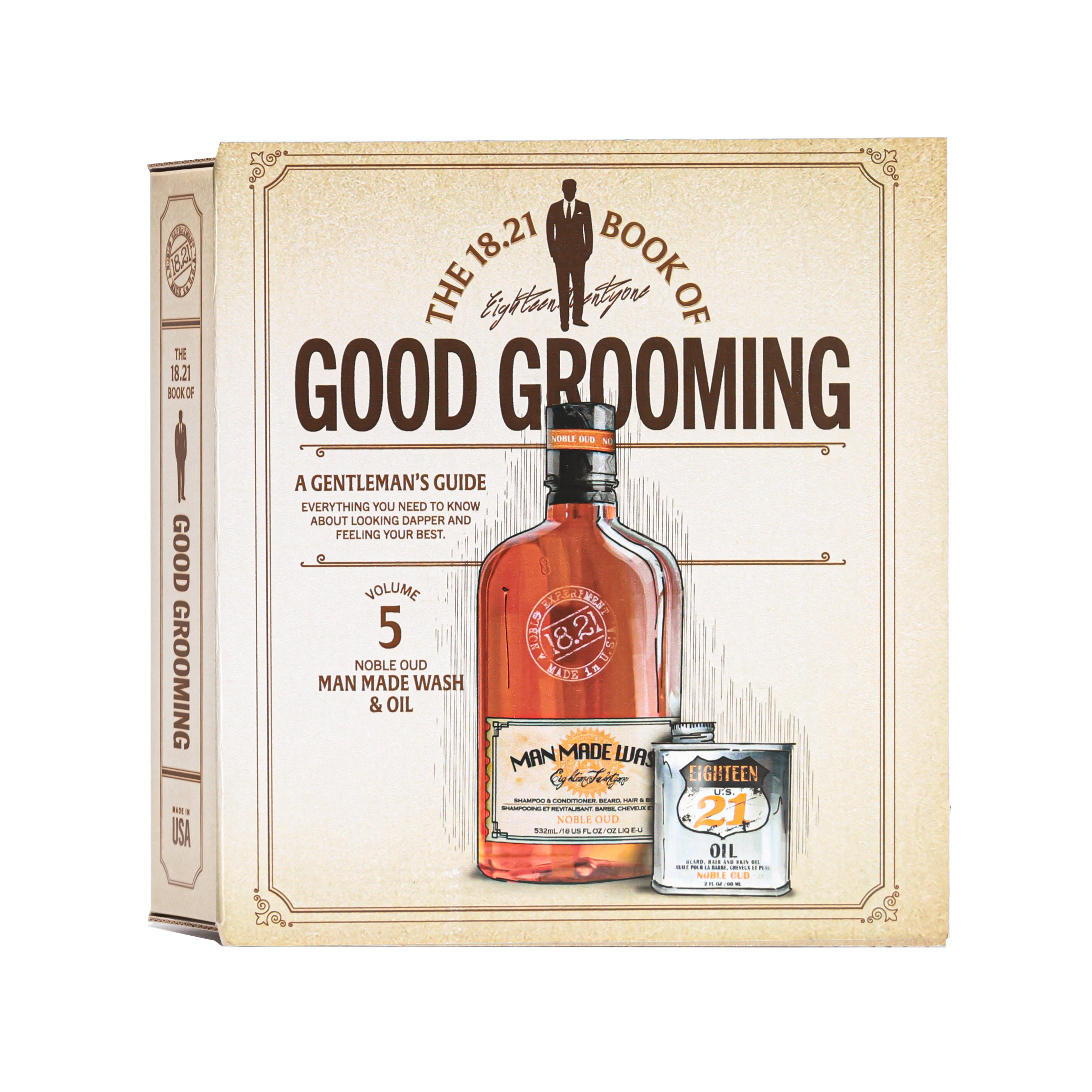 18.21 Man Made Book of Good Grooming Volume 5:  Man Made Wash 18oz and Beard, Hair Skin  Oil in Noble Oud Scent