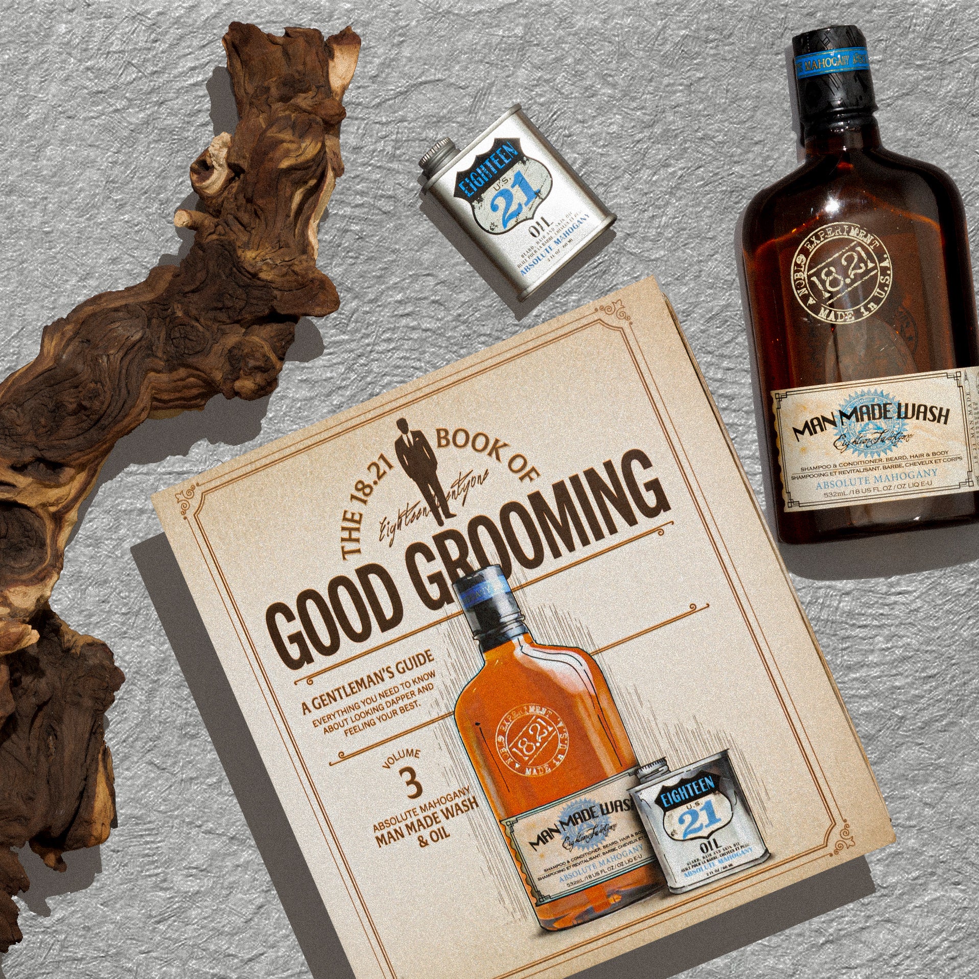 18.21 Man Made Book of Good Grooming Volume 3 Giftset: 18oz Man Made Wash and Hair, Beard, Skin oil in Absolute Mahogany scent.